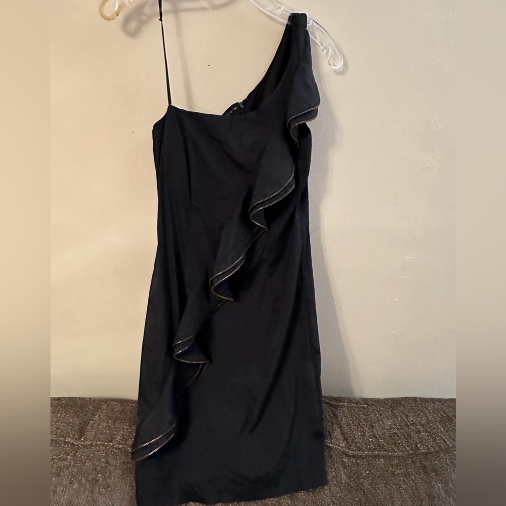 Cache Zipper Dress, Black, One Shoulder, Size Small